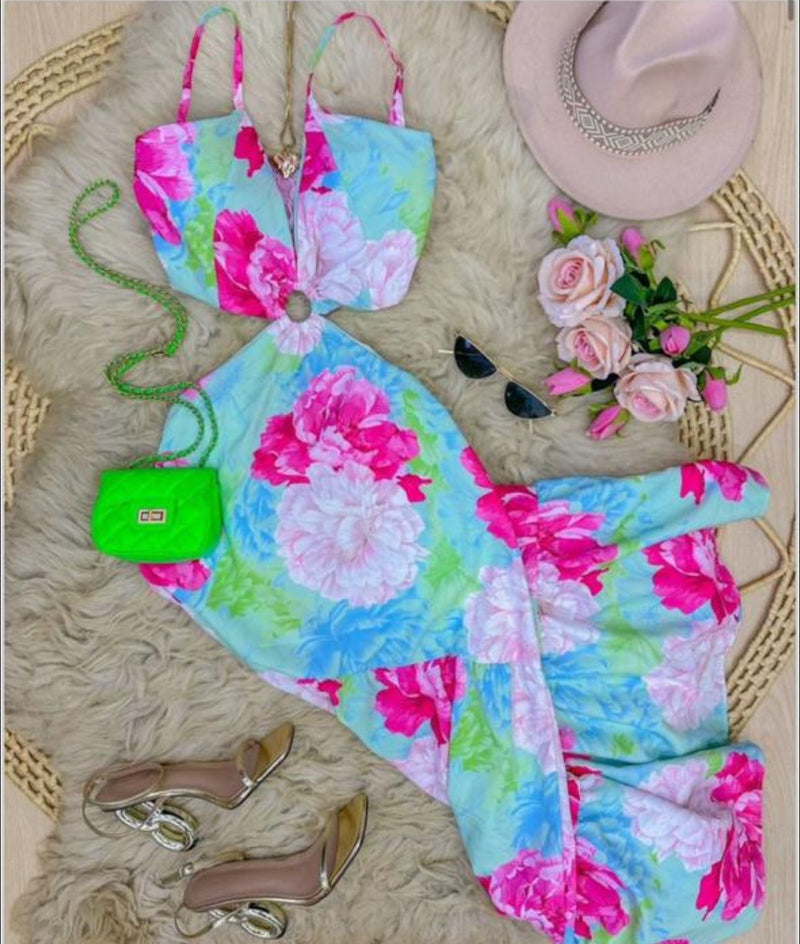 Vestido longo floral de alcinha com recortes laterais