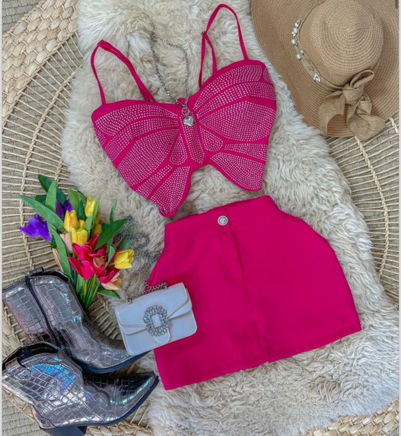 Conjunto cropped de borboleta com strass e short