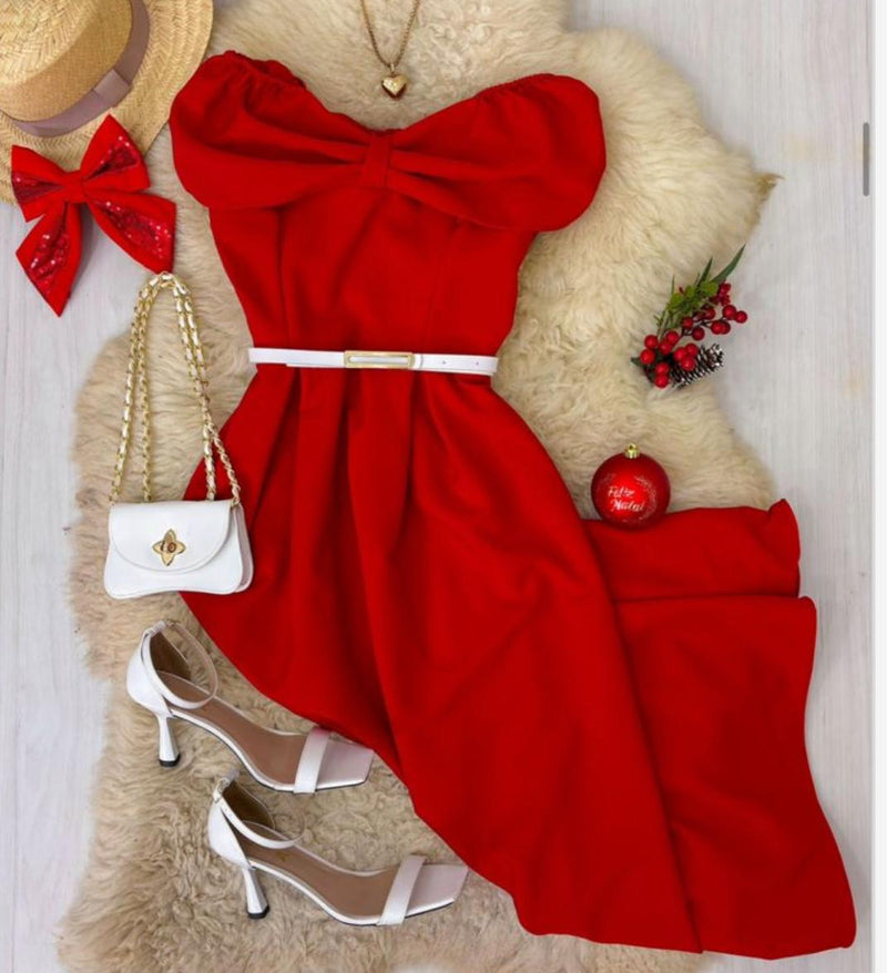 Vestido longo com manga em formato de laço