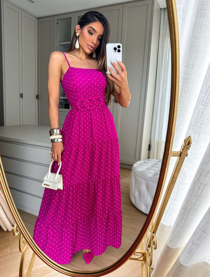 Vestido poá de alça longo com cinto