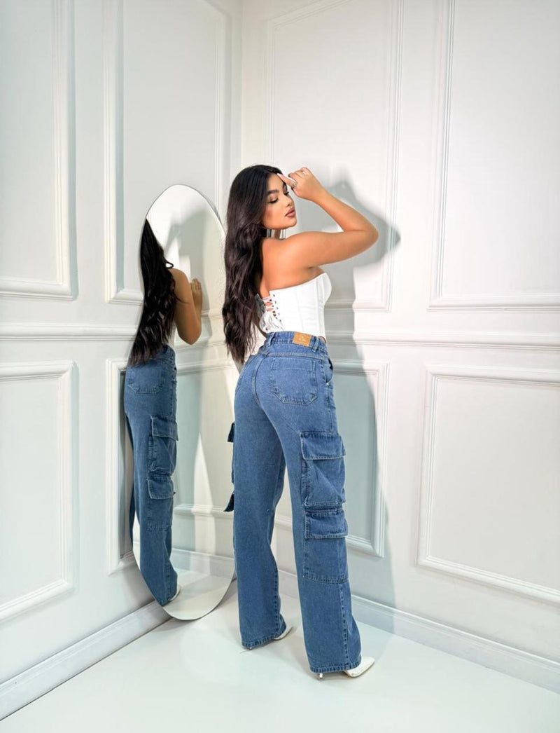 Calça wide leg cargo azul claro