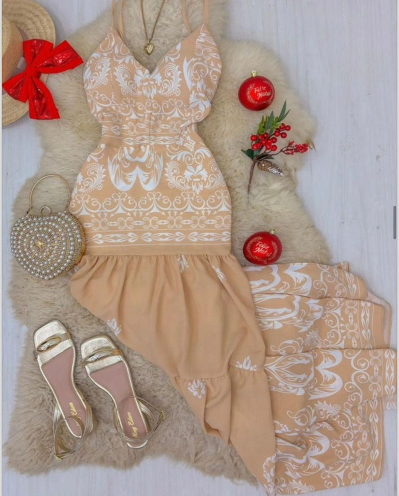 Vestido Duna Nude  de alcinha com Detalhes em Branco