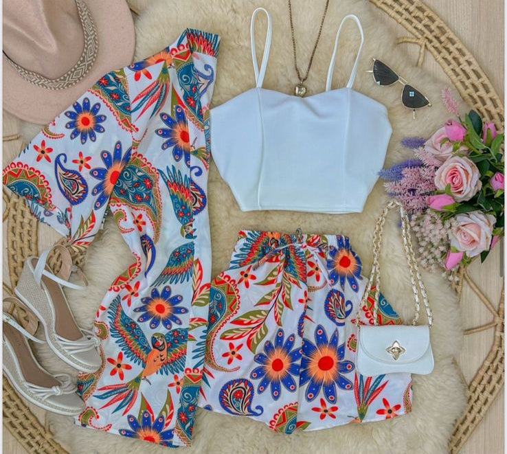 Conjunto kimono e short em crepe